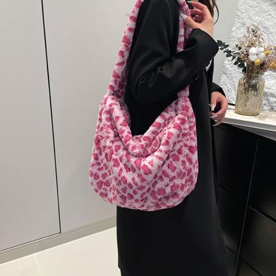 Large Capacity Leopard Women Shoulder Bags Faux Fur Messenger Bag Ladies Plush Hobos Crossbody Vintage Fashi Female Handbags