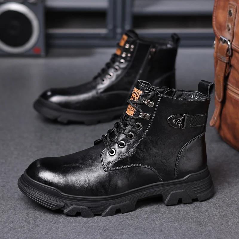 British Style Outdoor Sneakers Casual Ankle Boots for Men Genuine Leather Boots Comfortable Flat High Top Lace Up Fashion Male