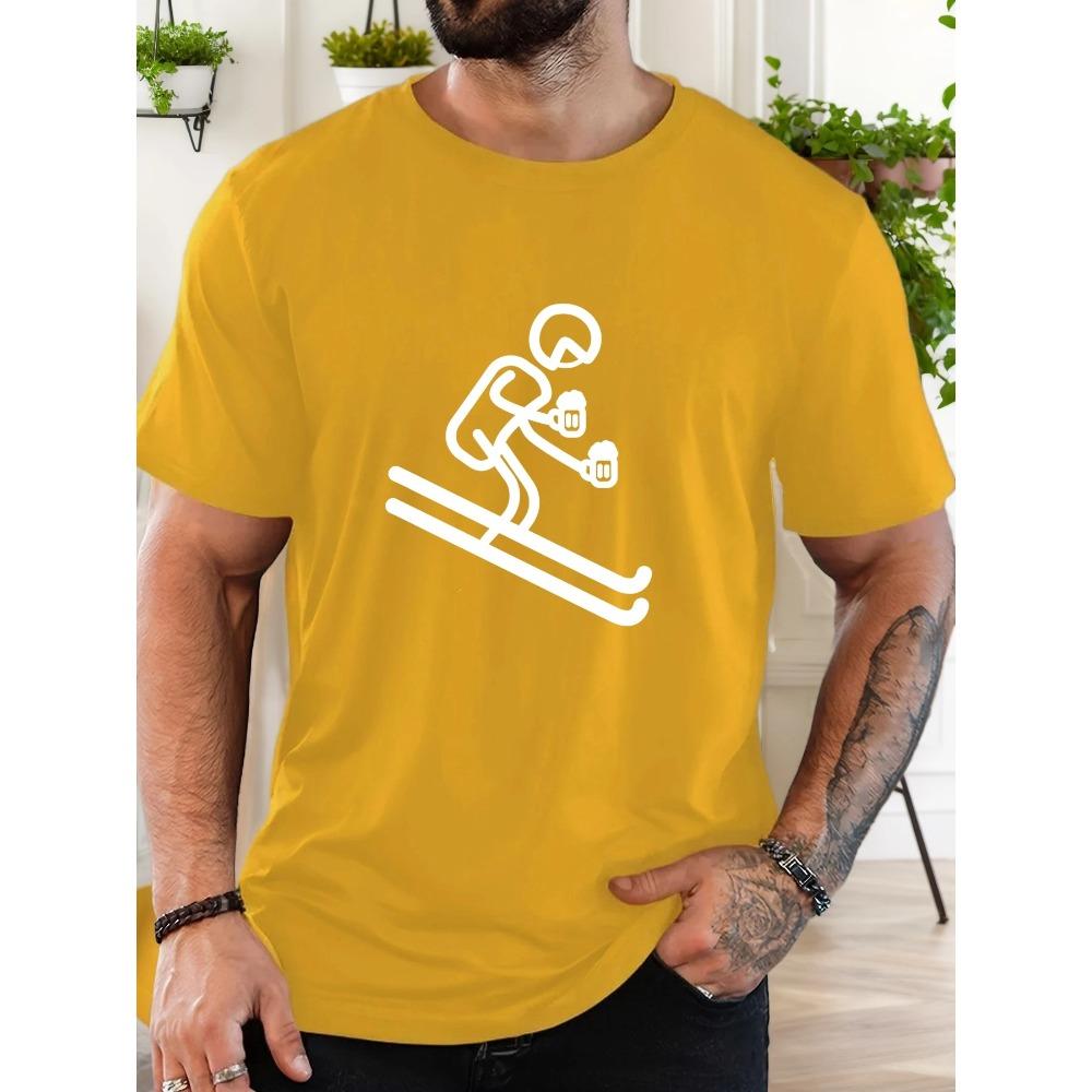 Male Skier Holding Beer Pattern Summer Casual Crew Neck Short T-shirt