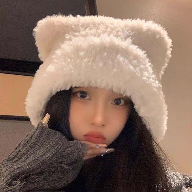 Korean Version Of Cute Bear Plush Hat Women'S Autumn And Winter Warm Big Head Circumference Ear Protection Wool Hat Knitted Hat Shows Small Face