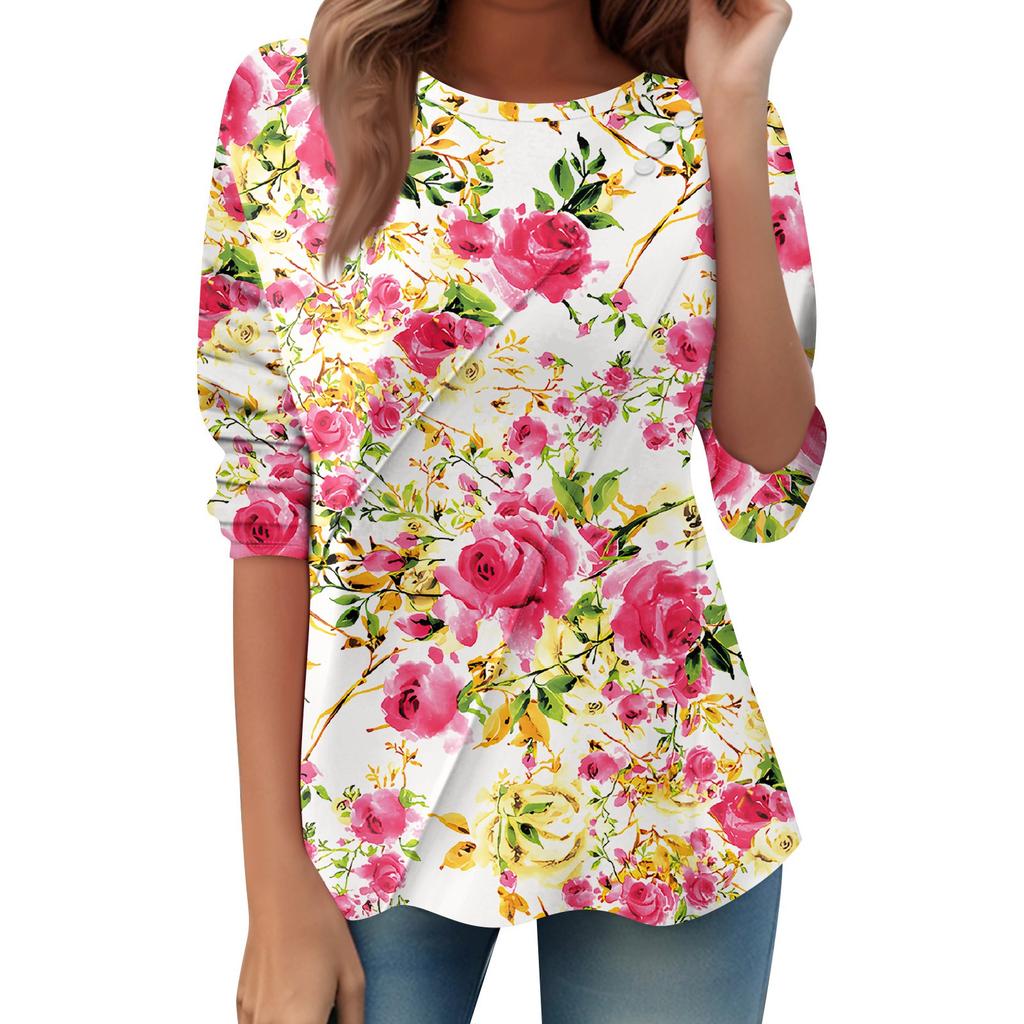 Women's Loose Casual Long Sleeve Top Round Neck Button Pull Stripe Prints T Shirt