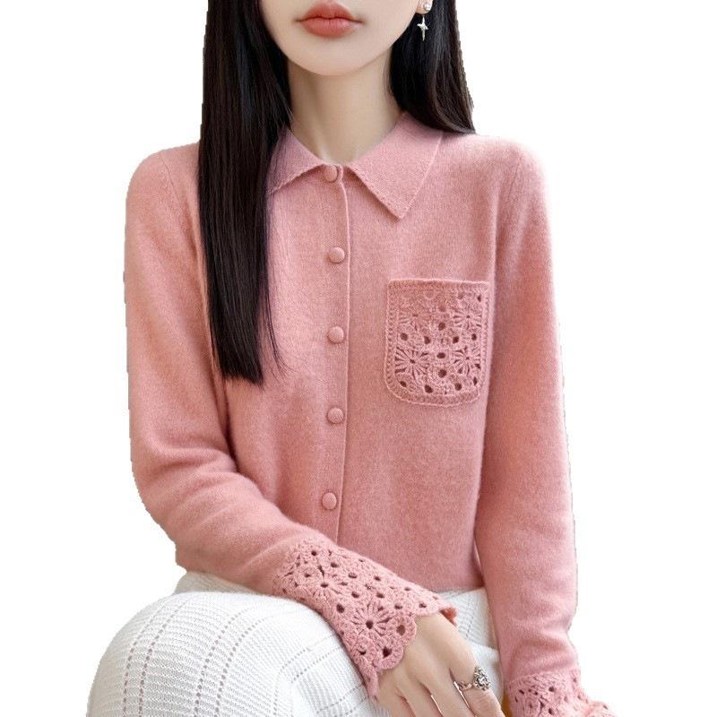 Wool Women's Open-weave Patchwork V-neck Long-sleeved Knitted Loose-fitting Sweater