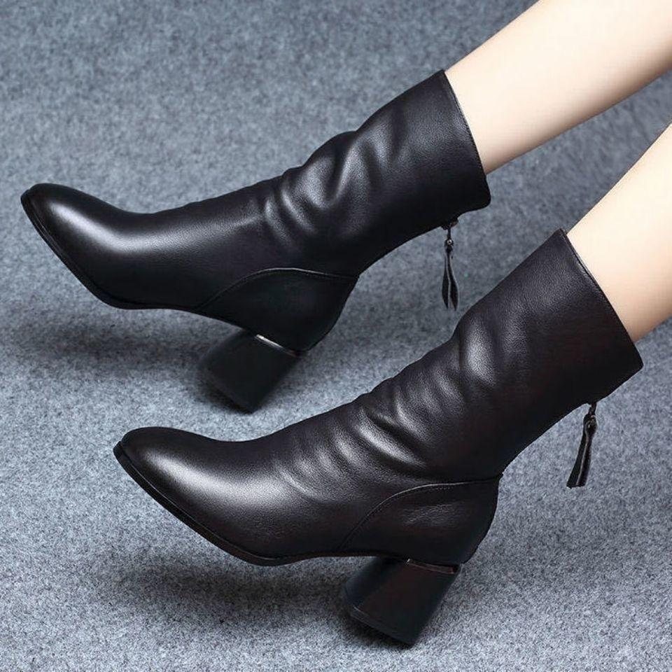Fashion Black Middle Heel Ladies Fleece-Lined Mid Calf Shoes Autumn Winter Leather Women's Half High Boots Designer Luxury Elegant Boot