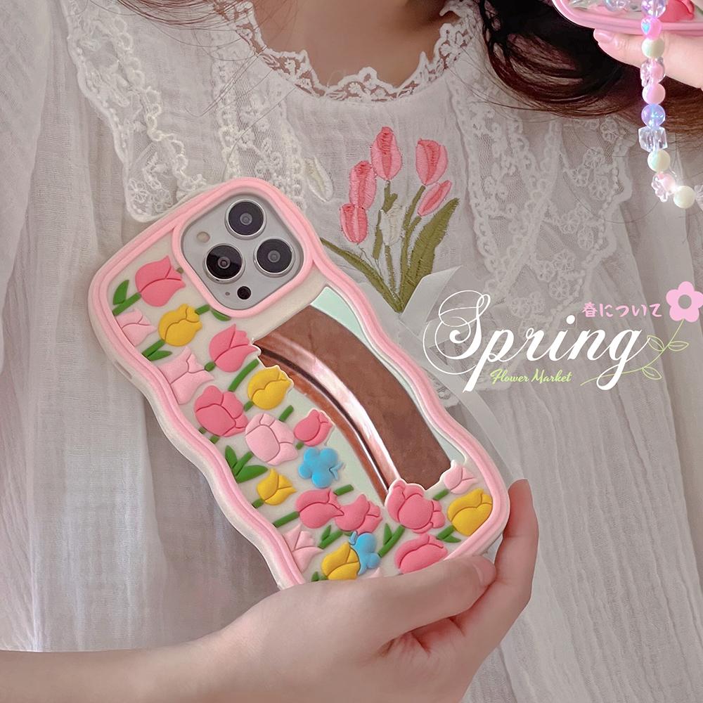 Cartoon Wave Edge Tulip Mirror Phone Case Compatible for iPhone 14 13 12 Pro Max 11 7 8 Plus X XS XR X Max Stereoscopic Silicone Protective Cover