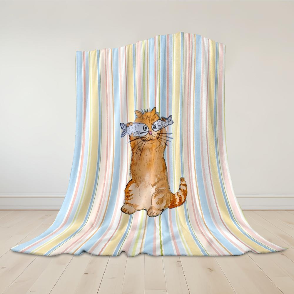 Cat With Fish Flannel Blanket Warm Soft Halloween Christmas Couch Warm Cozy Decorative Decor Gift For All Season