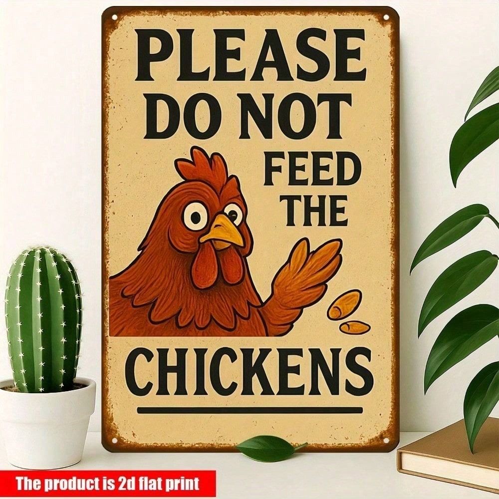 Funny Chicken Feeding Warning Metal Poster, Retro Barn Kitchen Farm Wall Decor