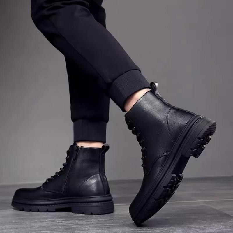 Men's Genuine Leather Boots Fashion Motorcycle Ankle Boot 2025 New High Top Casual Boots for Men Plush Warm Winter Boots for Men