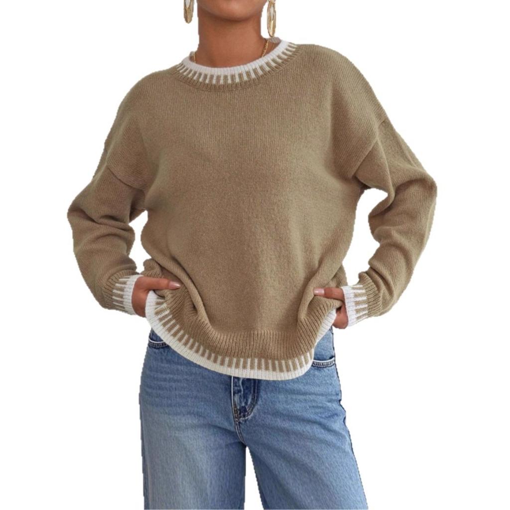 Fall Winter New Women Loose Color Block Patchwork Casual Pullover Sweater, European & American Style Ladies Top