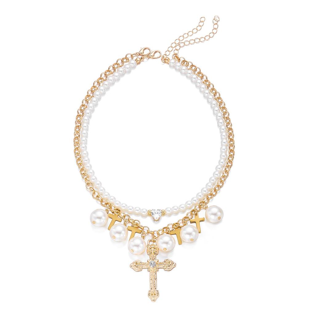 Cross Pendant Necklace Set With Faux Pearl Geometric Design For Women Winter 2025
