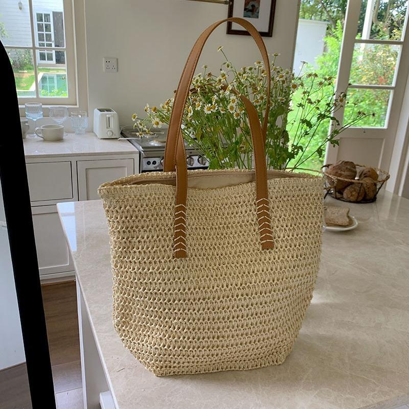 Geantă de vară țesută din paie de mare capacitate, geantă de umăr nouă pentru navetă pentru femei, geantă tote țesută pentru plajă