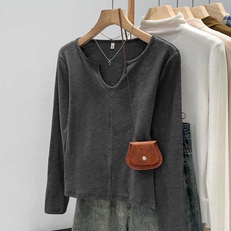 

Женский трикотажный базовый воротник, ранняя осень, однотонный, нишевый дизайн, мягкий восковой темперамент, повседневный топ One size fits all [recommended 80-60kg] серый