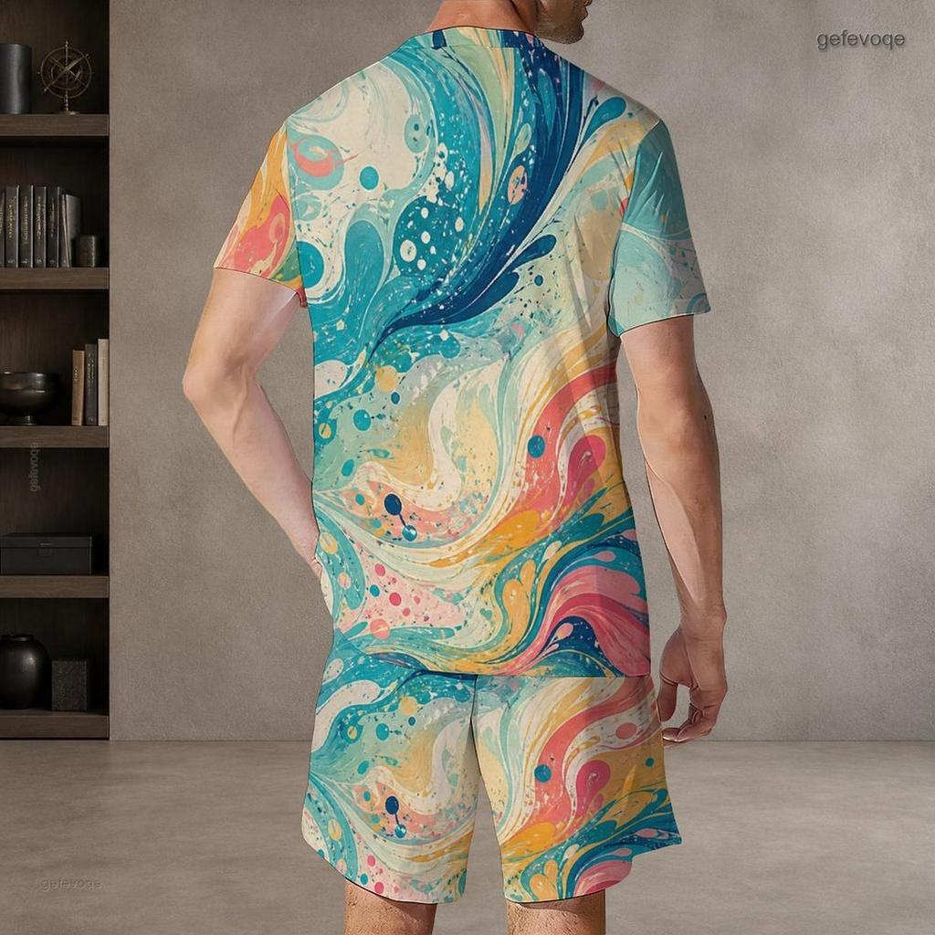 Men s Plus Size Colorful Swirl Printed Round Neck Short Sleeve T Shirt And Shorts Two Piece Set