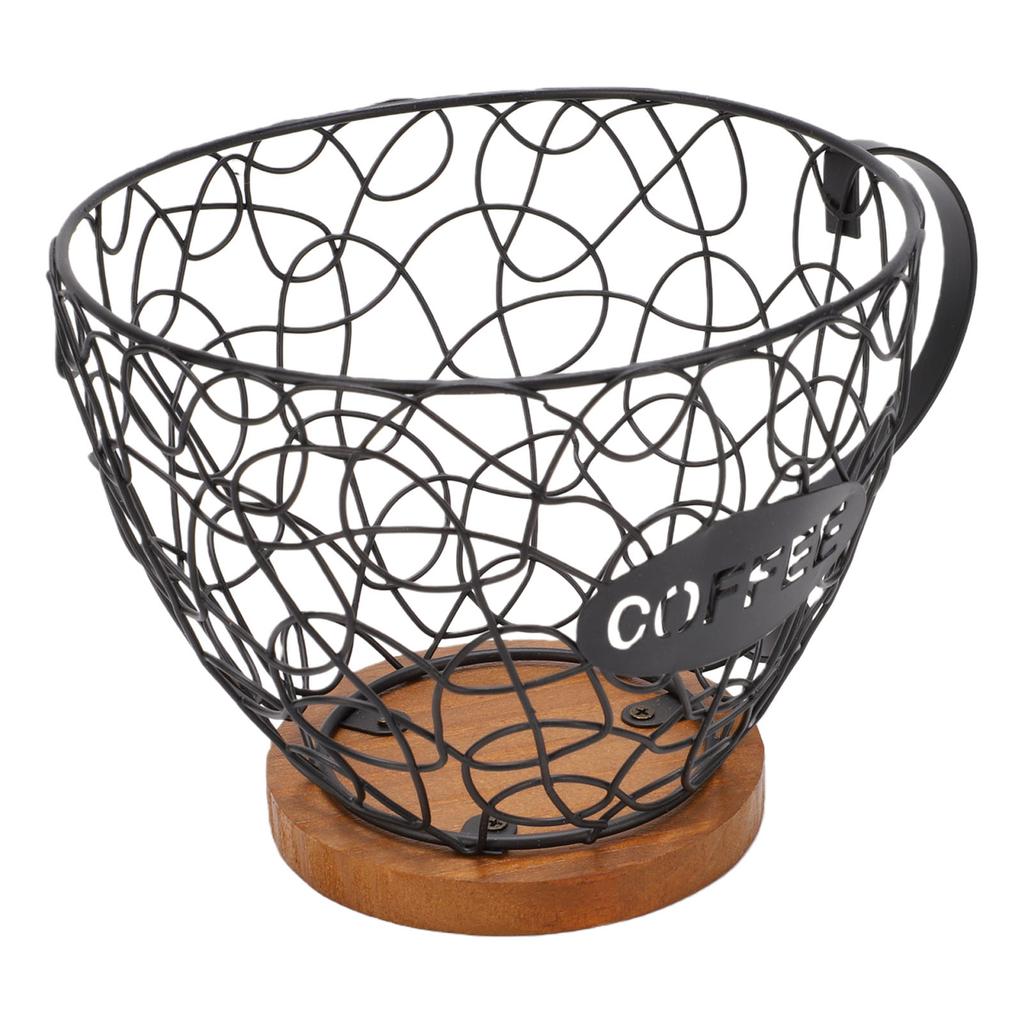 Coffee Pod Holder   Metal Coffee Capsule Storage Basket with Wood Base for Kitchen Countertop