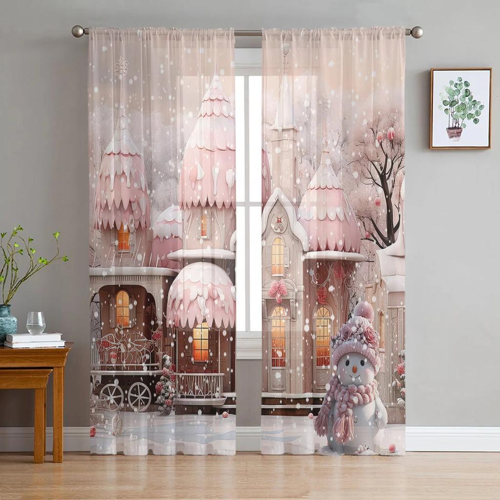 Vánoční sněhulák sněhová scéna růžový dům okno tylové záclony do obývacího pokoje kuchyně vánoční domácí dekorace průsvitné voálové záclony
