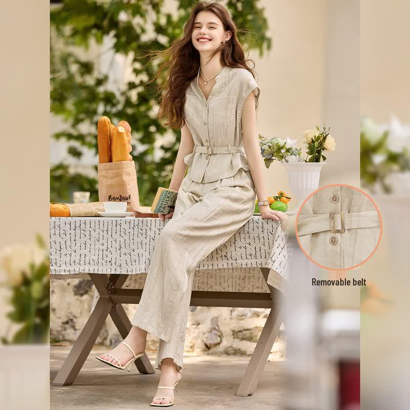 Bailuyu Women s Textured Tie-Waist Two-Piece Set S