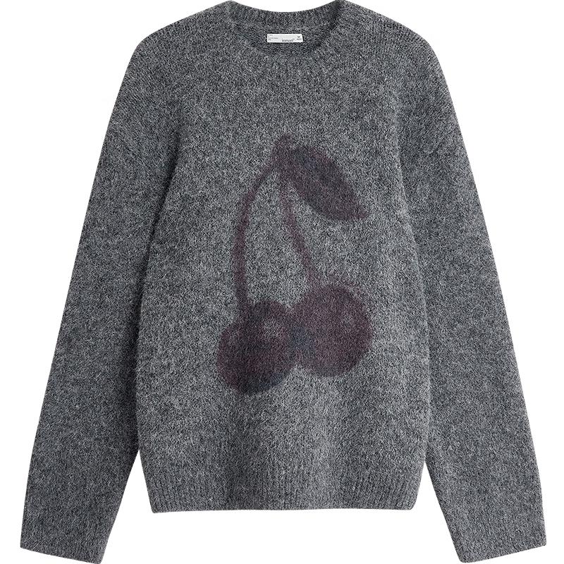 INMAN Women's 2025 Winter Cherry Jacquard Crew Neck Sweater