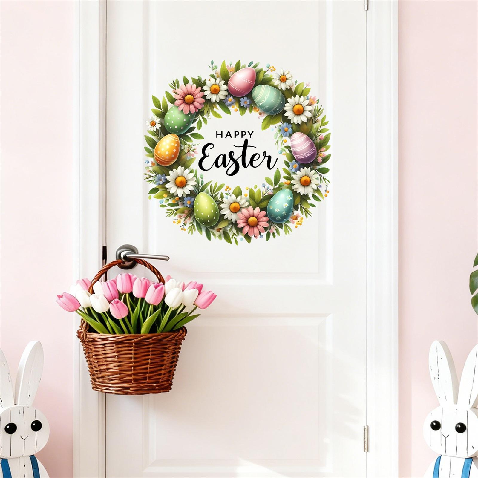 

Easter Wreath Easter Egg Flower Wall Sticker Suitable For Bedroom, Living Room, Study, Holiday Decoration And Beautification Stickers One Size
