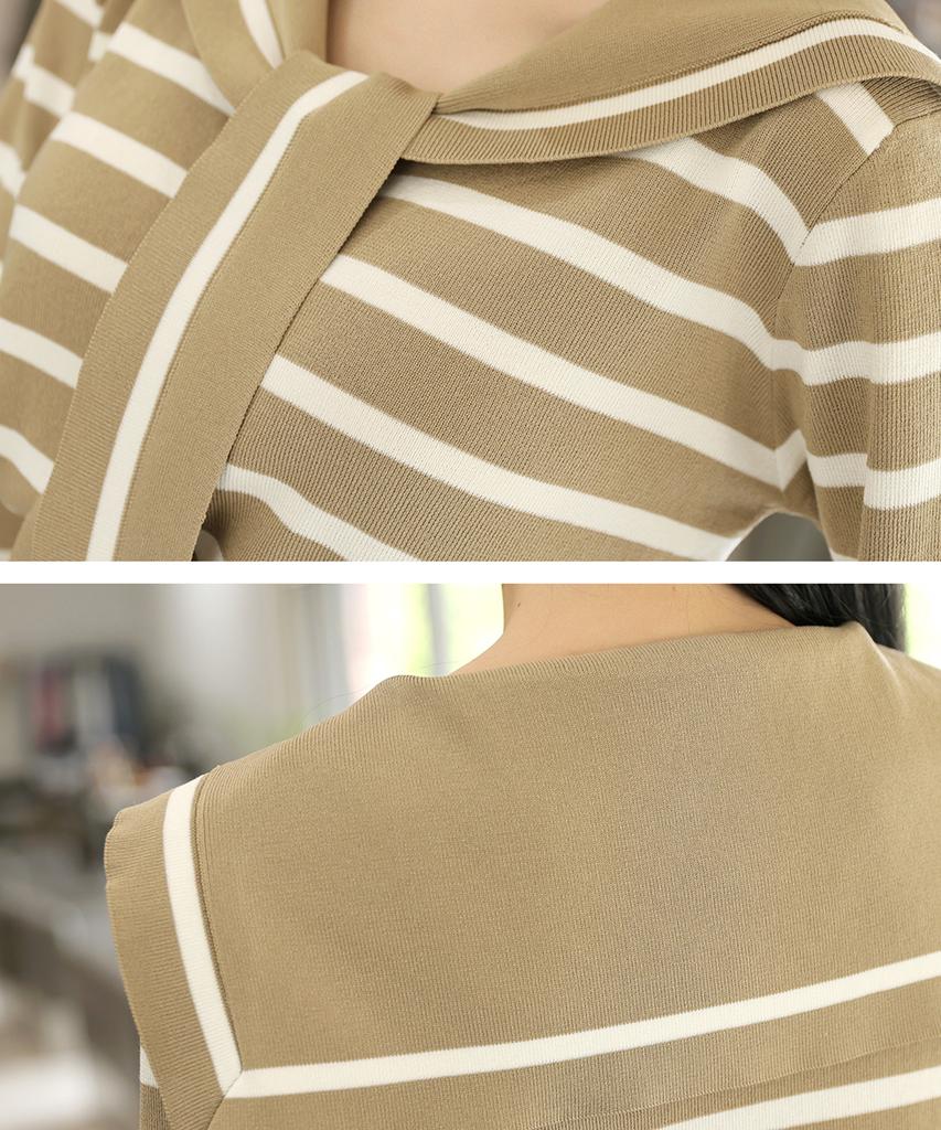 Ppaeppae Tie Sailor Collar Neck Striped Knit T-Shirt