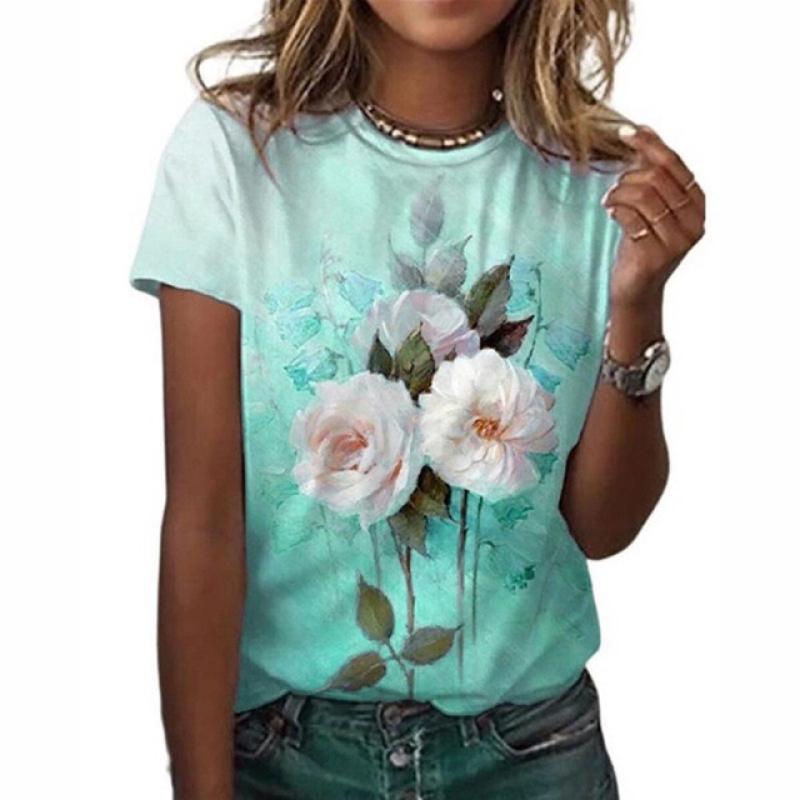 2023 Women's T-Shirts Fashion Floral Theme T Shirt Floral Plants Tees Summer Short Sleeve Top Basic Oversized Female Clothing