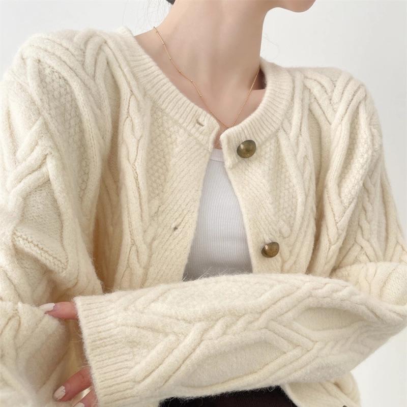 Women's Trendy 2025 Autumn/Winter Round Neck Cable Knit Cardigan Sweater Coat
