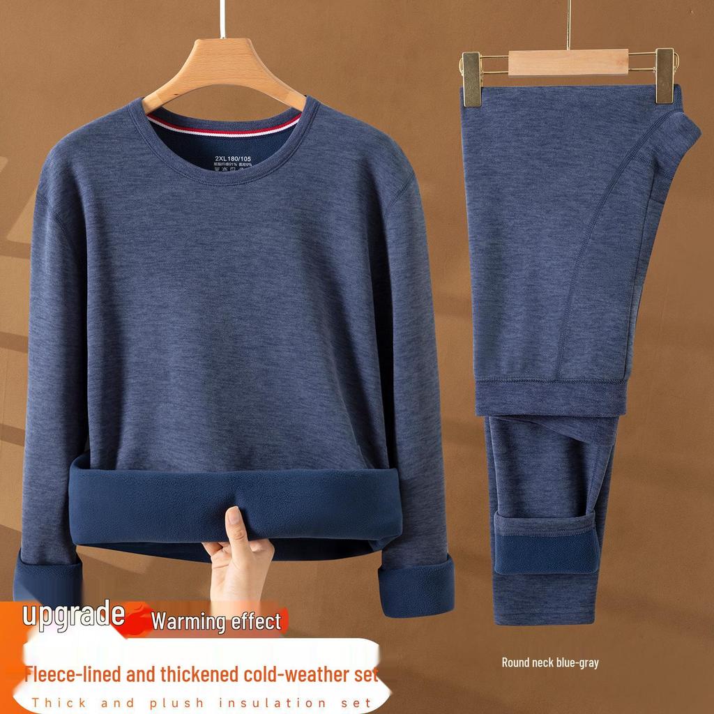 Herren Warmes Unterwäsche-Set mit Fleecefutter - Mittelhoher Rundhalsausschnitt, Übergröße, Kältefest für Mittelalte und Ältere, Herbst/Winter.