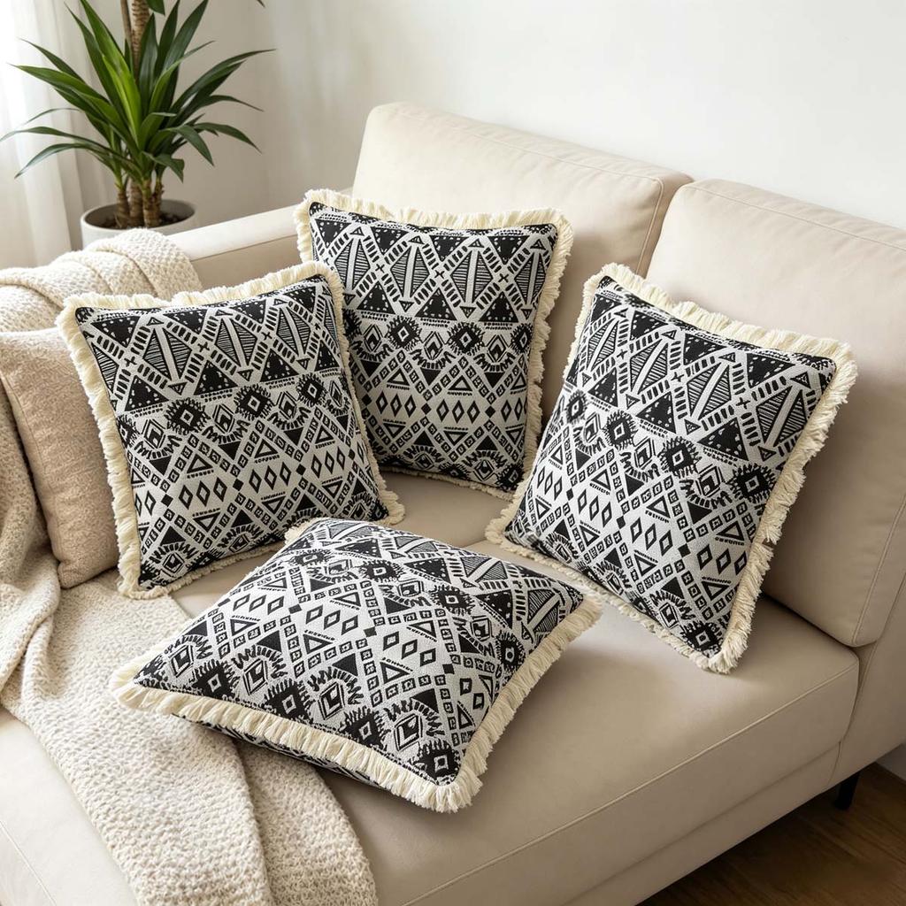 Indoor Living Room Sofa Balcony Outdoor Decorative Square Farmhouse Style Tassel Throw Pillow Covers