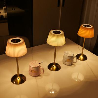 3 Color Lights Small Pleated Table Lamp Stepless Dimmable Fabric Shade LED Bedside Lamp Cordless USB Rechargeable