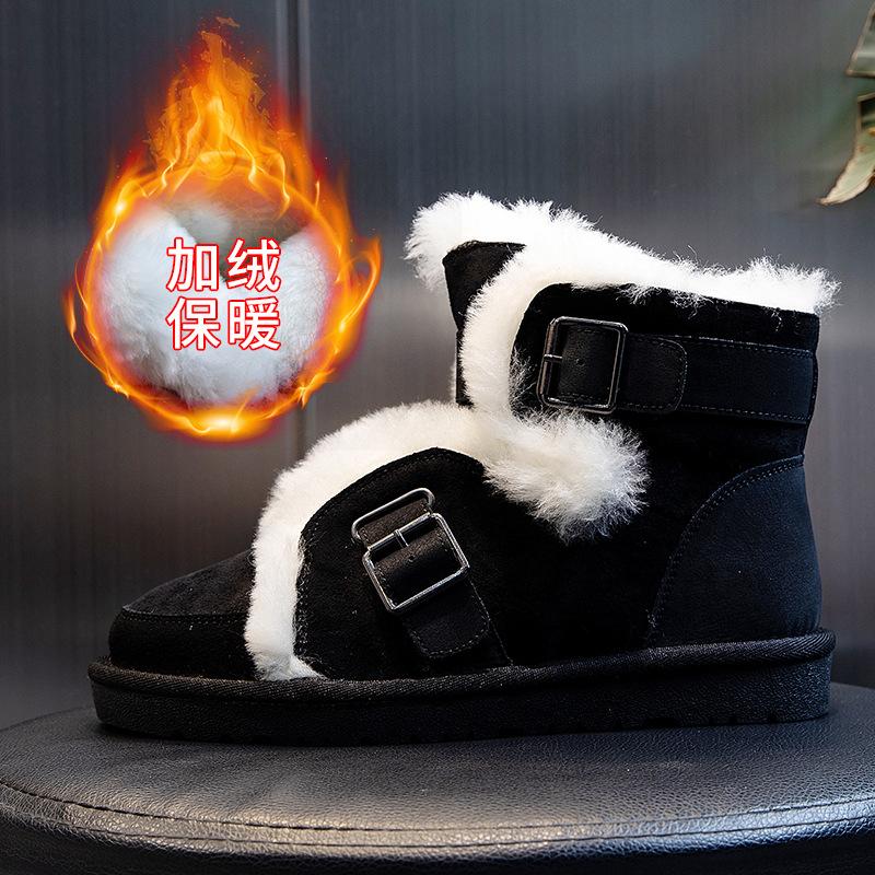 Wool snow boots women's winter velvet thickened flat-bottomed high-heeled medium tube cotton short boots locomotive women's shoes cold-proof