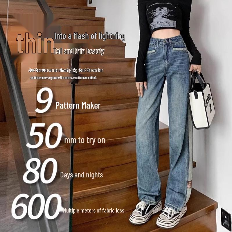 

Autumn Retro Plus Size Color-Block High-Waisted Wide-Leg Jeans 3XL