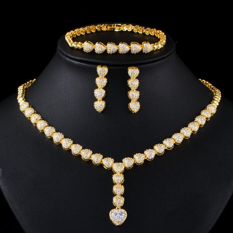 

Свадебный ювелирный набор из трех предметов, латунь с гальваническим покрытием, набор ожерелья, серег и браслета с цирконами, свадебные аксессуары T0149