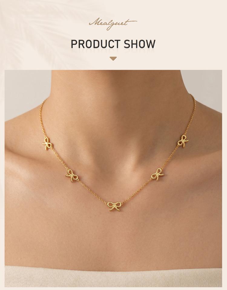 18K Gold Plated CZ Bow Knot Station Necklace for Women, Anti Tarnish Waterproof Stainless Steel Chic Coquette Jewelry