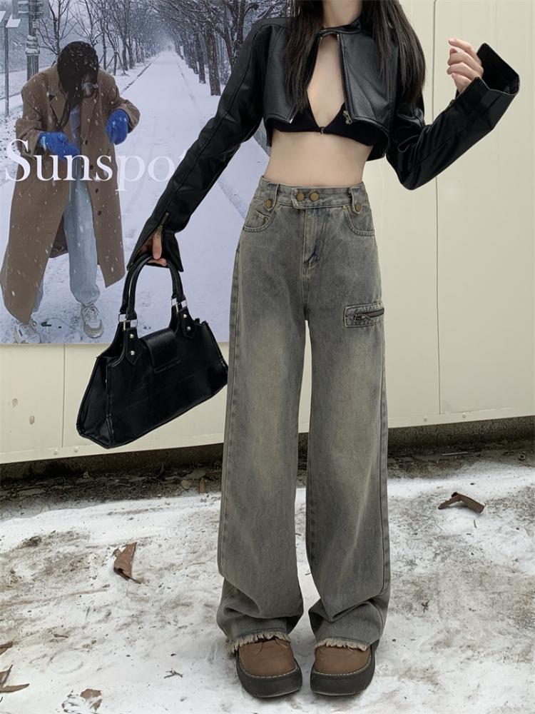 American 2000s Vintage Cargo Jeans Women High Waist Vintage Y2k Harajuku Denim Trousers Female Retro Fashion 90s Casual Wide Pants