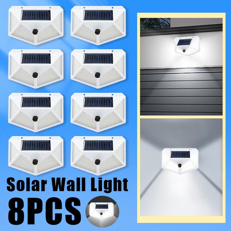 1-8 Kits Solar Wall Lights Outdoor 100 LED Motion Sensor 270° Range 3 Modes Wireless Energy Saver for Yard, Garden, Lawn, Patio