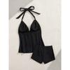 Summer Solid Black V Neck Halter Open Back Tankini Vest Tops Two Piece Shorts Swimsuit Holiday Corset Swim Clothes Swimwear