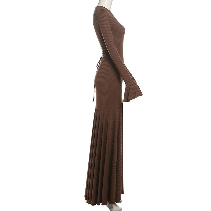 Νέο Γυναικείο Μόδα Σέξι Στενή Γραμμή Στρογγυλή Λαιμόκοψη Λουράκι Ταμπεραμέντο Μακρυμάνικο Φόρεμα Γυναικείο