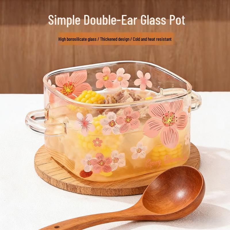 Retro Floral High-Temperature Resistant Borosilicate Glass Stew Pot with Lid, Double Ears, Explosion-Proof Design