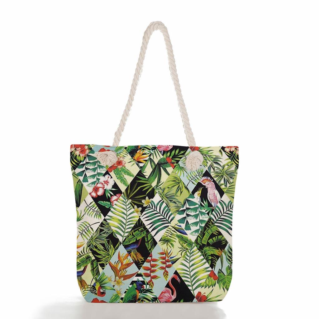 Multifunctional Geometric Shapes Printed Thick Rope Shoulder Beach Bag Casual Large Capacity Handbag 7591