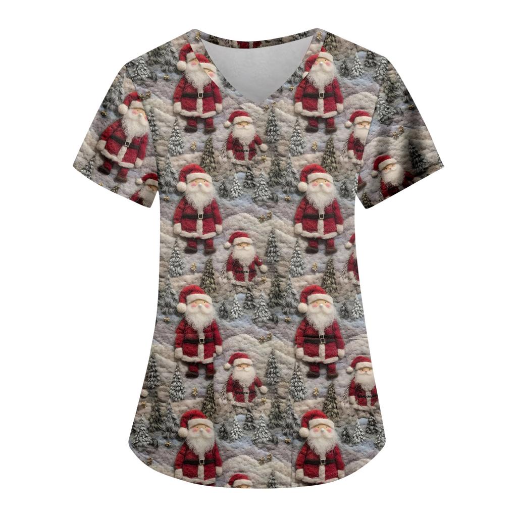 Women's Fashion Casual Christmas Print Pocket T-shirt Top