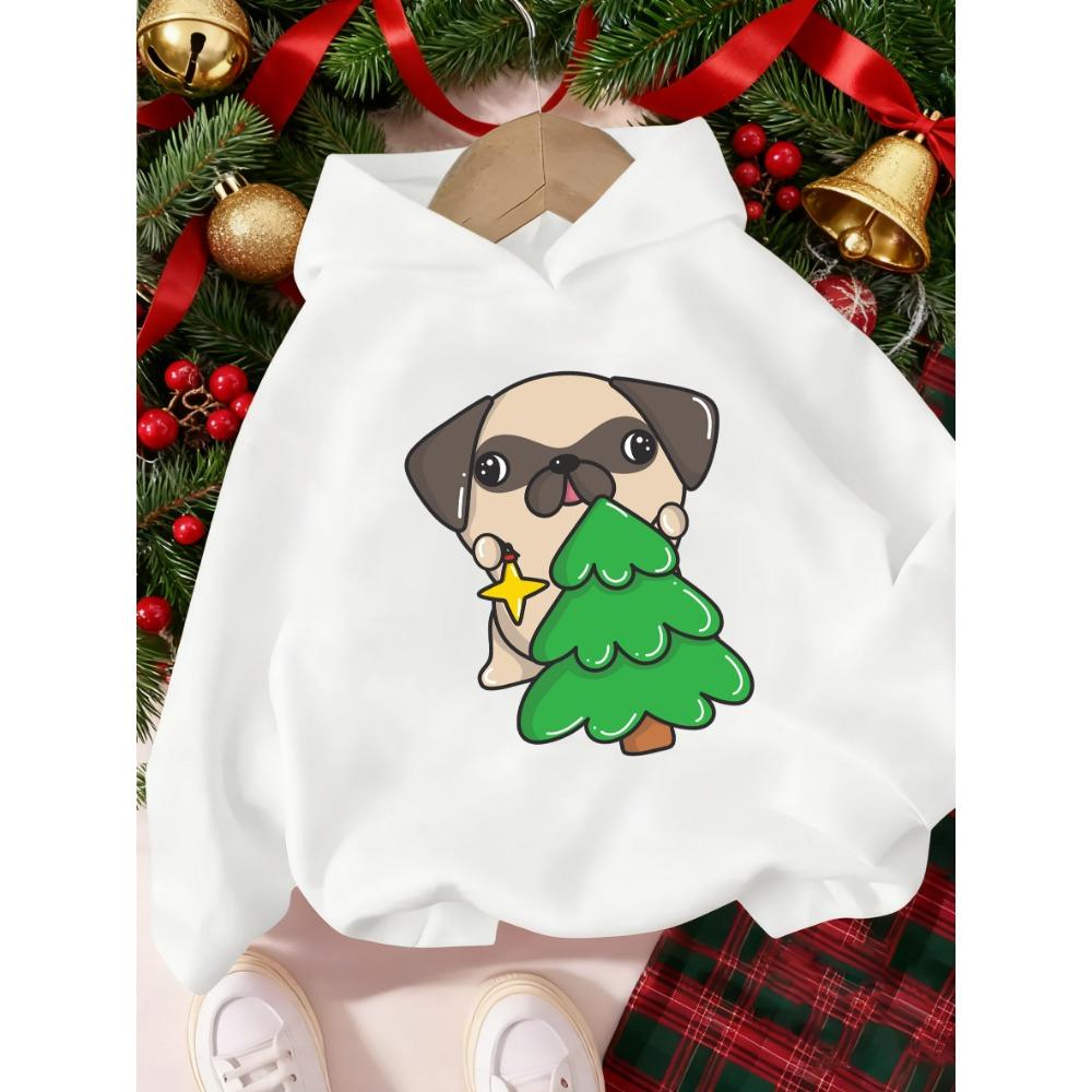 

Autumn Casual Simple Boy Cartoon Dog Holding Christmas Tree Print Pattern White Hoodie, Suitable For Daily Travel 100