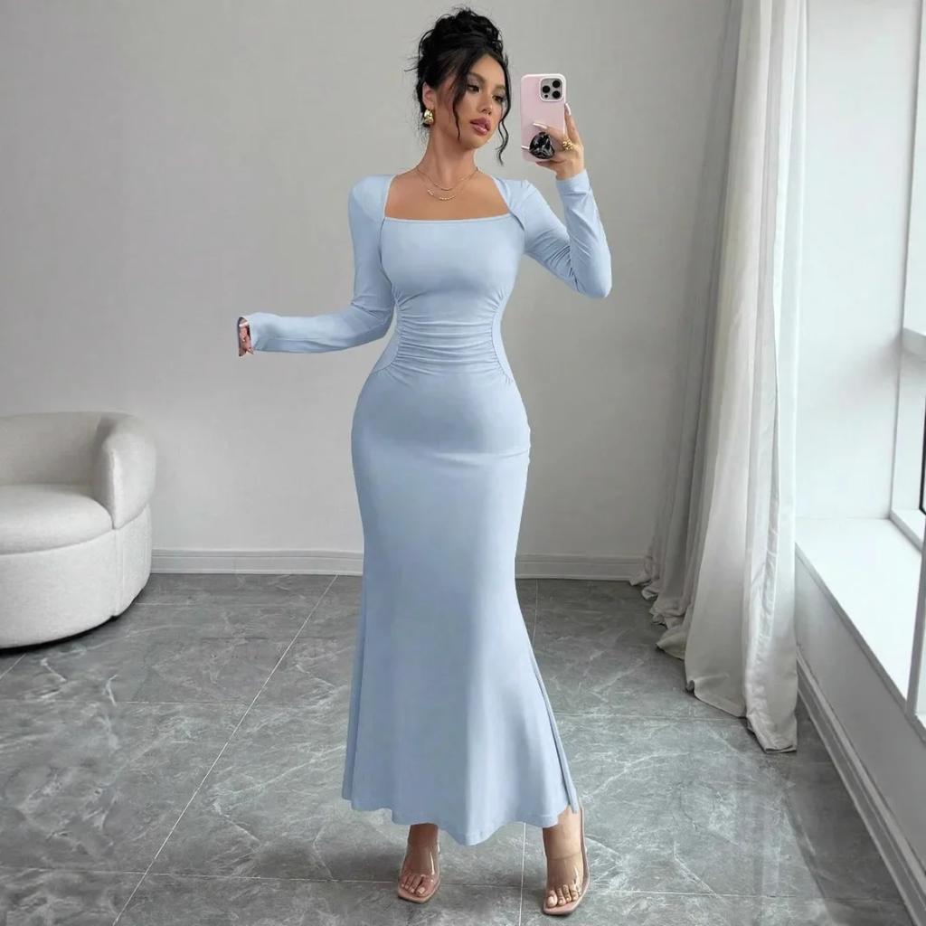 Elegant Long Sleeve Fish Tail Dress Women's Fashionable Slim Fit Sexy Gown Full Length Ankle Skirt Regular Waistline