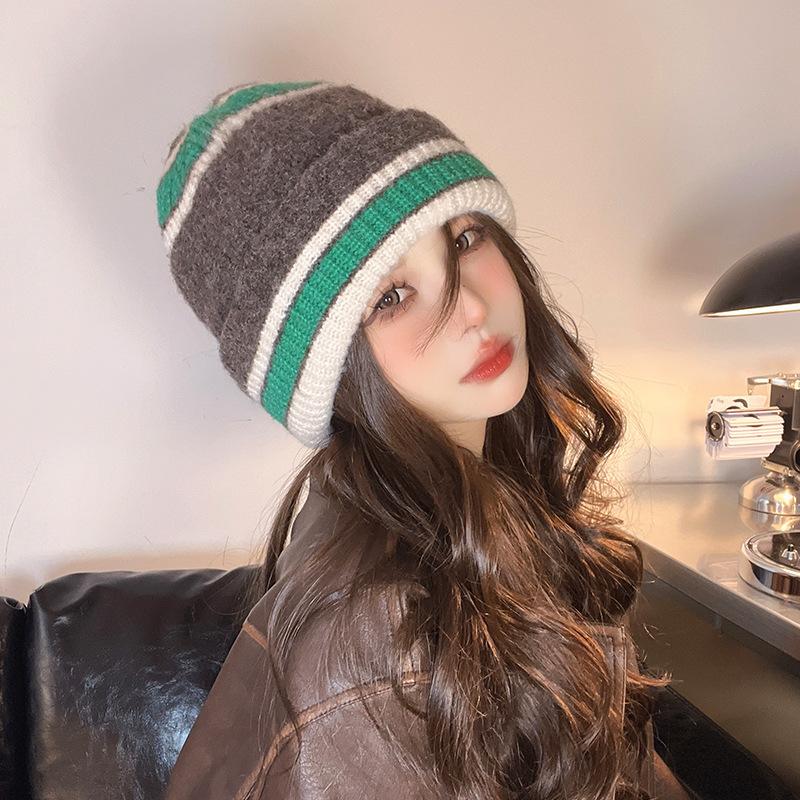 Women's Autumn and Winter Warm Knitted Hat Korean Style Striped Big Head Circumference Face Small Ear Protection Head Hat