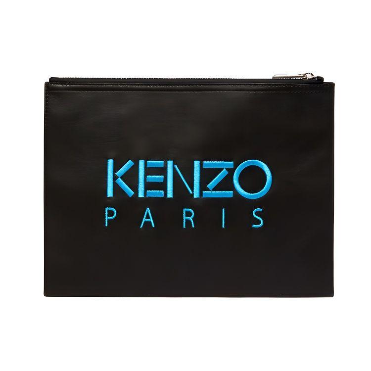 Kenzo Classic Tiger Head Embroidery Color Block Zip Closure Leather Clutch Men Clutch Black F965PM322L49-99B