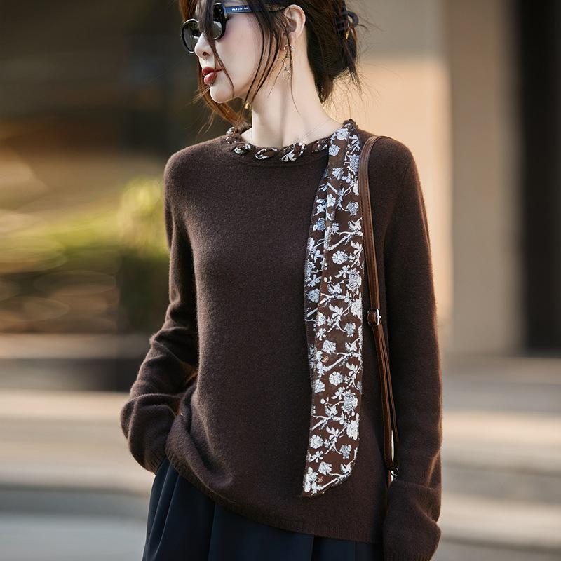 Women's Silk Bowknot Knitwear: Stylish 100% Wool Fine Knit Scarf & Base Layer Top