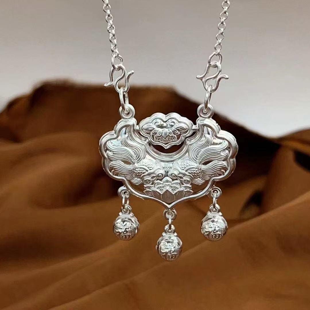 Sterling Silver Lotus Longevity Pendant: Retro Chinese Peace Lock Necklace for Women - Pure Silver Charm Gift. 6g Double Fish Lotus Lock