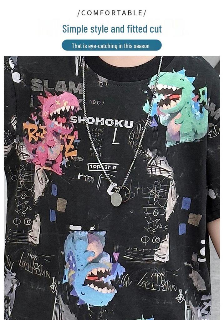 2026 Boys' Korean Style Summer Set: Colorful Dinosaur Print Tee & Denim Shorts