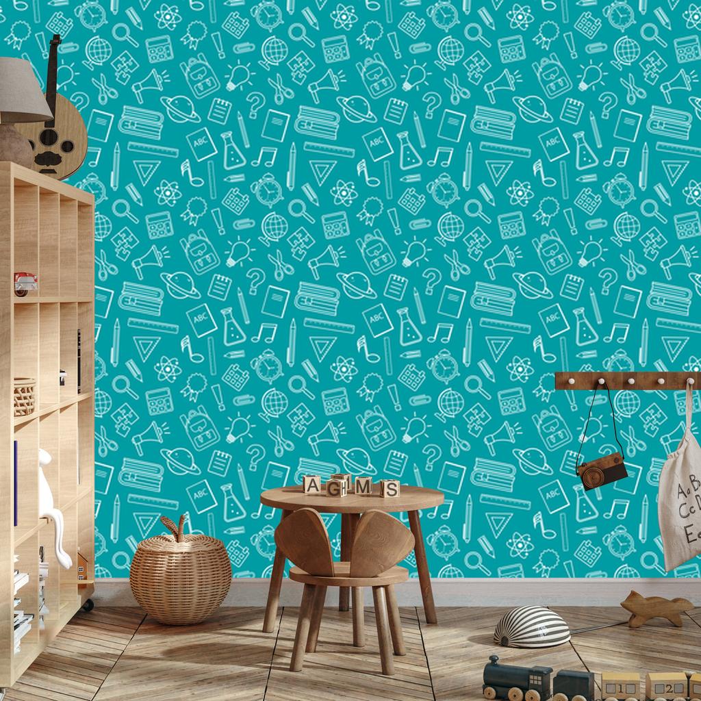 Wallpaper School Supplies Turquoise for Living Room and Bedroom 50x1000