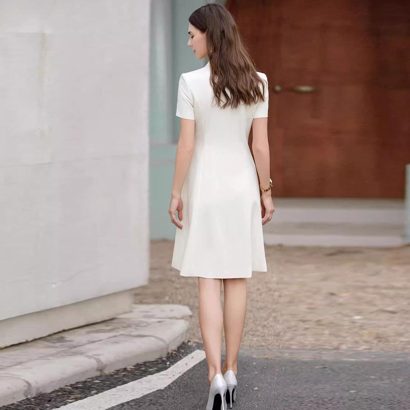 Women's Professional White Summer Dress - Short Sleeve & Waist-Slimming Design for Office Wear