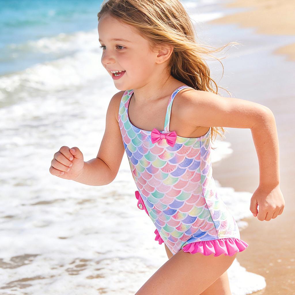 2026 Costume da bagno intero transfrontaliero a maniche lunghe nuovo costume da bagno intero per bambine costume da bagno per bambini sirena con spalline bambini piccoli e medi