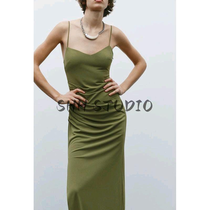 Spring New Women's Clothing French Style Casual V-neck Ruched Decorative Midi Skirt Sleeveless Sling Dress 2158262
