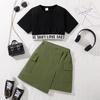 2025 Sommer Mädchen Rock & T-Shirt Set: Koreanischer Arbeitskleidungsstil mit Tasche und Buchstaben-Detail